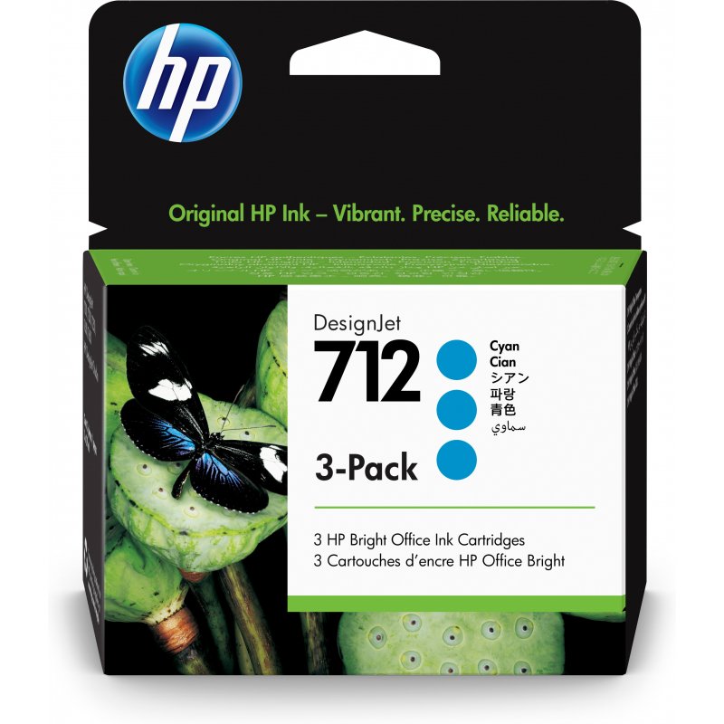 HP DesignJet T200/T600, 3 Pack Cartuchos Cian 712