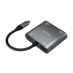 AISENS - CONVERSOR USB-C A 2xHDMI 4K SST MST/USB2.0/USB-C PD 60W, USB-C/M-2xHDMI/H-USB-A/H-USB-C/H, GRIS, 15CM