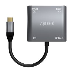 AISENS - CONVERSOR USB-C A 2xHDMI 4K SST MST/USB2.0/USB-C PD 60W, USB-C/M-2xHDMI/H-USB-A/H-USB-C/H, GRIS, 15CM