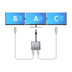 AISENS - CONVERSOR USB-C A 2xHDMI 4K SST MST/USB2.0/USB-C PD 60W, USB-C/M-2xHDMI/H-USB-A/H-USB-C/H, GRIS, 15CM