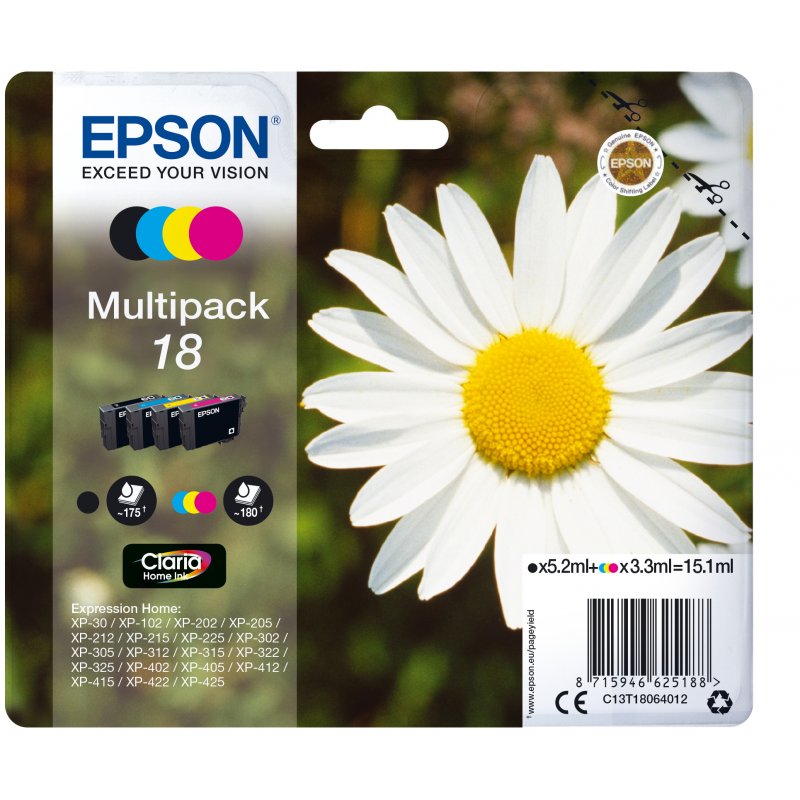 Epson Expression Home XP-102/205/305/405 MultiPack 4 Cartuchos (K,C,M,Y)nº18