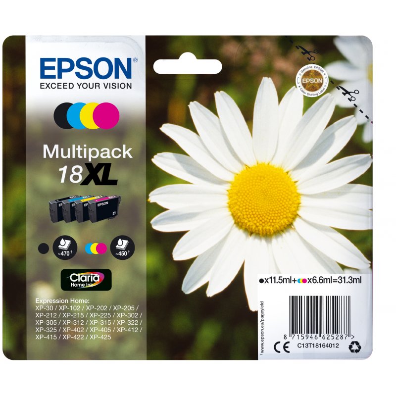 Epson Expression Home XP-102/202/205/215/305/405 Multipack 4 Cartuchos Alta Capacidad (KMCY)18XL