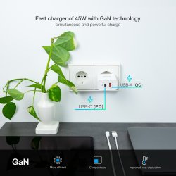 TOOQ CARGADOR DE PARED GaN USB-C/PD + USB-A/QC 45W