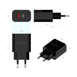 AISENS - CARGADOR 20W, 1xUSB-C PD3.0, 1xUSB-A QC3.0, NEGRO