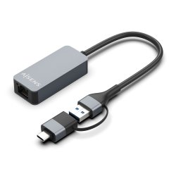 AISENS - CONVERSOR USB3.2 GEN1 USB-A+USB-C A ETHERNET 2.5G 10/100/1000/2500 MBPS, GRIS, 15CM