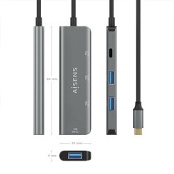 AISENS - HUB USB 3.2 GEN2 10G USB-C, USB-C/M-1xUSB-C/H-3xUSB-A/H, GRIS, 15CM
