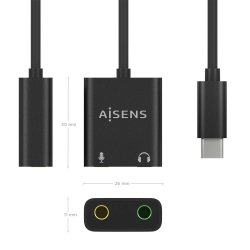 AISENS - CONVERSOR USB-C A AUDIO 48KHz, USB-C/M-2xJACK 3.5/H, NEGRO, 10CM