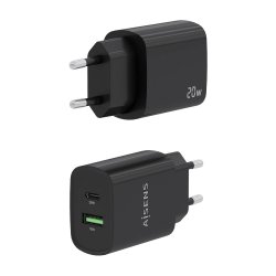 AISENS - CARGADOR 20W, 1xUSB-C PD3.0, 1xUSB-A QC3.0, NEGRO