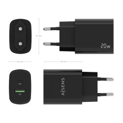AISENS - CARGADOR 20W, 1xUSB-C PD3.0, 1xUSB-A QC3.0, NEGRO