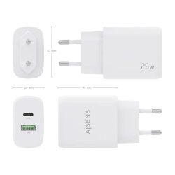 AISENS - CARGADOR 25W, 1xUSB-C PD3.0, 1xUSB-A QC3.0, BLANCO