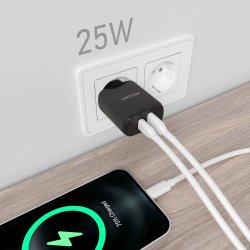 AISENS - CARGADOR 25W, 1xUSB-C PD3.0, 1xUSB-A QC3.0, NEGRO