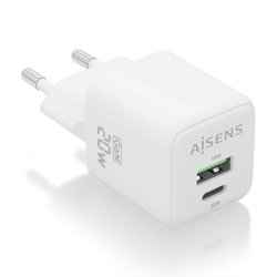 AISENS - CARGADOR GaN 20W, 1xUSB-C PD3.0 QC4.0, 1xUSB-A QC3.0, BLANCO