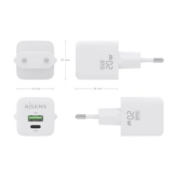 AISENS - CARGADOR GaN 20W, 1xUSB-C PD3.0 QC4.0, 1xUSB-A QC3.0, BLANCO