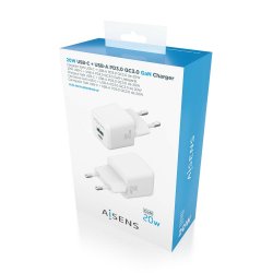 AISENS - CARGADOR GaN 20W, 1xUSB-C PD3.0 QC4.0, 1xUSB-A QC3.0, BLANCO