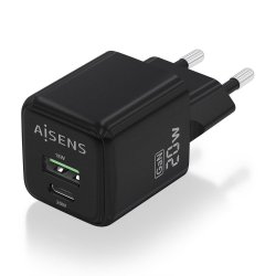 AISENS - CARGADOR GaN 20W, 1xUSB-C PD3.0 QC4.0, 1xUSB-A QC3.0, NEGRO