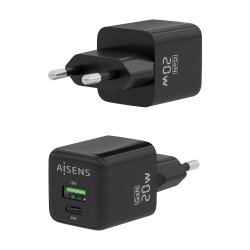 AISENS - CARGADOR GaN 20W, 1xUSB-C PD3.0 QC4.0, 1xUSB-A QC3.0, NEGRO