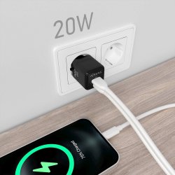AISENS - CARGADOR GaN 20W, 1xUSB-C PD3.0 QC4.0, 1xUSB-A QC3.0, NEGRO