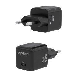 AISENS - CARGADOR GaN 25W, 1xUSB-C PD3.0 QC4.0, NEGRO