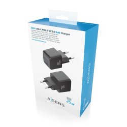 AISENS - CARGADOR GaN 25W, 1xUSB-C PD3.0 QC4.0, NEGRO