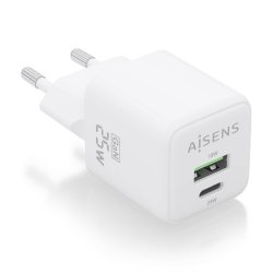 AISENS - CARGADOR GaN 25W, 1xUSB-C PD3.0 QC4.0, 1xUSB-A QC3.0, BLANCO