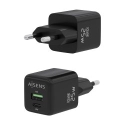 AISENS - CARGADOR GaN 25W, 1xUSB-C PD3.0 QC4.0, 1xUSB-A QC3.0, NEGRO