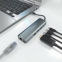 AISENS - USB-C DOCK 5 EN 1, USB-C A 1xHDMI, 1xRJ45, 2xUSB, 1xPD, GRIS, 15CM
