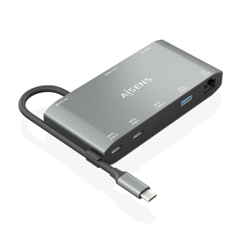 AISENS - USB-C DOCK 8 EN 1, USB-C A 1xHDMI, 1xVGA, 1xRJ45, 2xUSB-A, 2xUSB-C 5G, 1xUSB-C PD, GRIS, 20CM